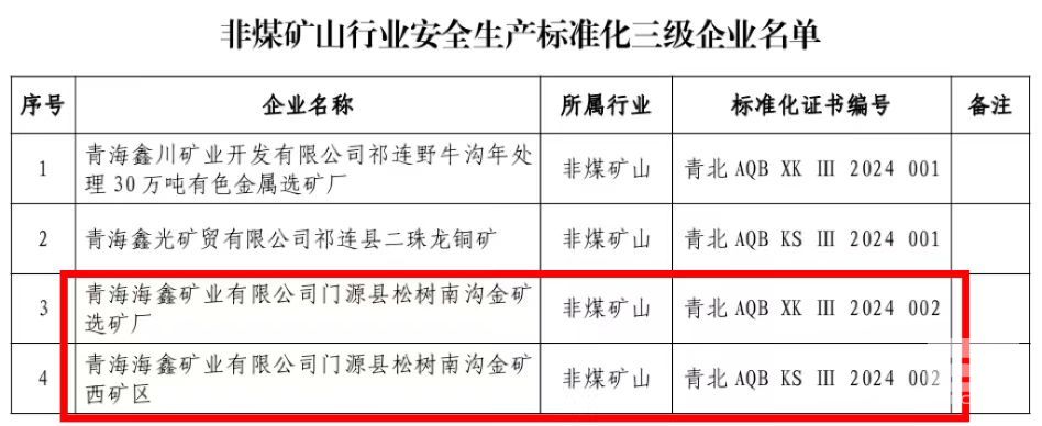 海鑫礦業(yè)松樹南溝金礦被認(rèn)定為非煤礦山安全生產(chǎn)標(biāo)準(zhǔn)化三級企業(yè)